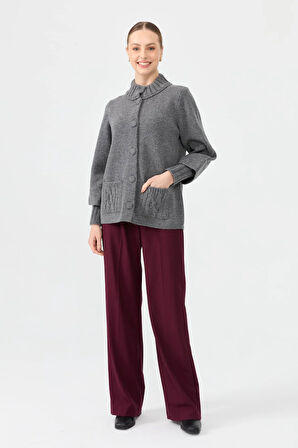 Kadın Dik Yaka Truvakar Kol Kısa Yün Ceket Füme