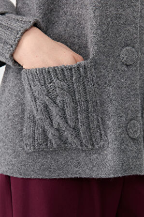 Kadın Dik Yaka Truvakar Kol Kısa Yün Ceket Füme