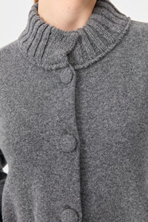 Kadın Dik Yaka Truvakar Kol Kısa Yün Ceket Füme