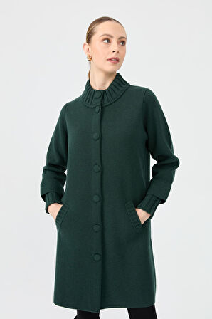 Kadın Dik Yaka Basic Uzun Yün Kaban Yeşil
