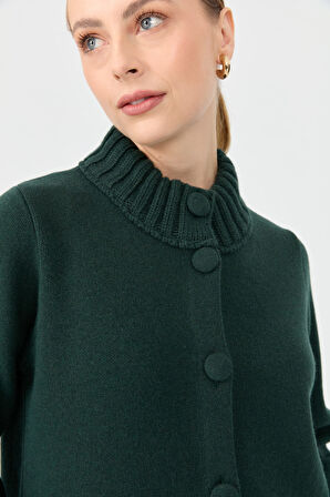 Kadın Dik Yaka Basic Uzun Yün Kaban Yeşil