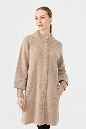 Kadın Dik Yaka Basic Uzun Yün Kaban K.Bej