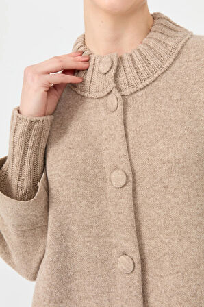 Kadın Dik Yaka Basic Uzun Yün Kaban K.Bej