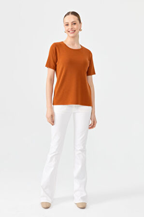 Kadın Sıfır Yaka Kısa Kollu Basic Yün Bluz A.Kiremit