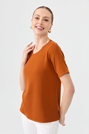 Kadın Sıfır Yaka Kısa Kollu Basic Yün Bluz A.Kiremit