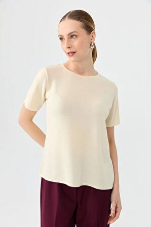 Kadın Sıfır Yaka Kısa Kollu Basic Yün Bluz Kemik