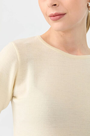 Kadın Sıfır Yaka Kısa Kollu Basic Yün Bluz Kemik