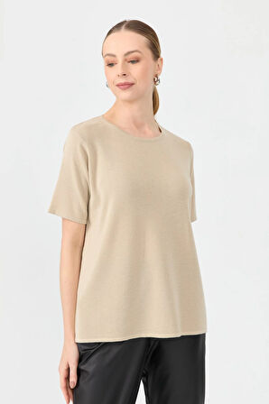 Kadın Sıfır Yaka Kısa Kollu Basic Yün Bluz M.Bej