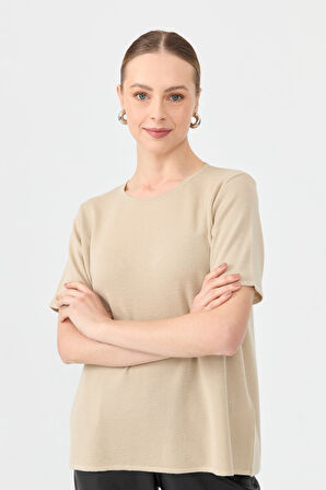 Kadın Sıfır Yaka Kısa Kollu Basic Yün Bluz M.Bej