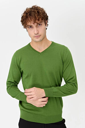 Erkek Basic V Yaka İnce Triko Kazak K.Yosun