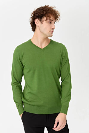 Erkek Basic V Yaka İnce Triko Kazak K.Yosun