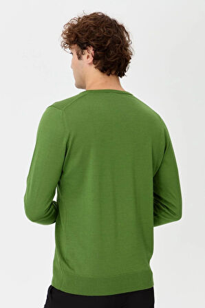 Erkek Basic V Yaka İnce Triko Kazak K.Yosun