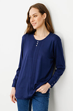 Kadın Sıfır Yaka Uzun Kollu Penye Bluz İndigo