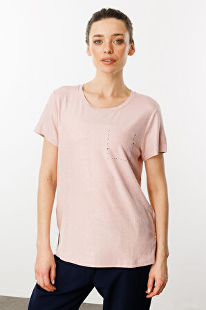 Kadın Sıfır Yaka Düşük Kollu T-shirt Pudra