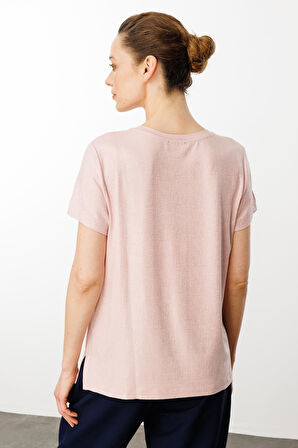 Kadın Sıfır Yaka Düşük Kollu T-shirt Pudra