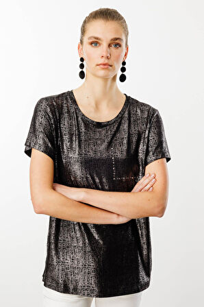 Kadın Sıfır Yaka Düşük Kollu T-shirt Siyah