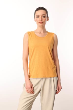 Kadın Sıfır Yaka Flamlı Kumaş Basic Askılı Tshirt Hardal