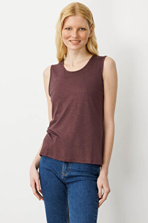 Kadın Sıfır Yaka Flamlı Kumaş Basic Askılı Tshirt Kahve