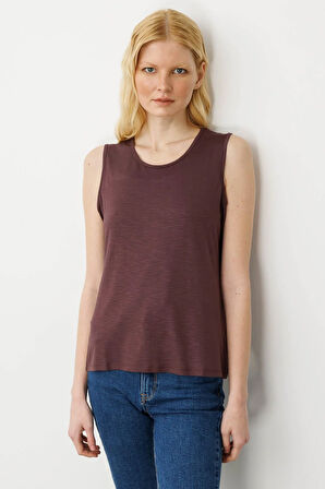 Kadın Sıfır Yaka Flamlı Kumaş Basic Askılı Tshirt Kahve