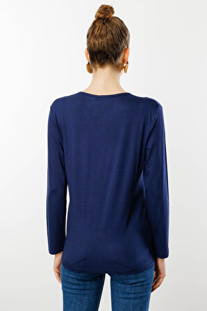 Kadın Sıfır Yaka El Nakışı İşlemeli Bluz Lacivert