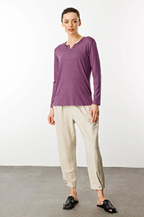 Kadın Sıfır Yaka El Nakışı İşlemeli Bluz Lila