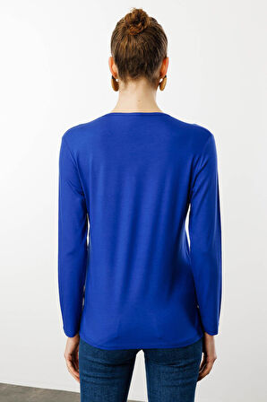 Kadın Sıfır Yaka El Nakışı İşlemeli Bluz S.Mavi