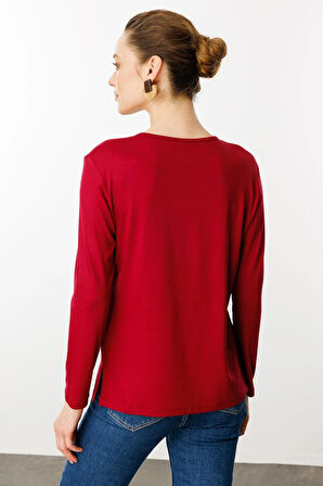 Kadın Sıfır Yaka El Nakışı İşlemeli Bluz Vişne