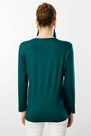 Kadın Sıfır Yaka El Nakışı İşlemeli Bluz Yeşil