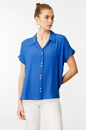 Kadın Krep Kumaş Simli Gömlek Mavi