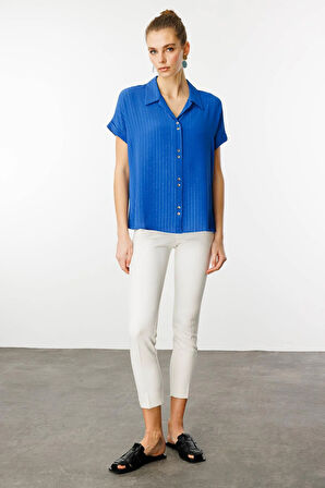 Kadın Krep Kumaş Simli Gömlek Mavi