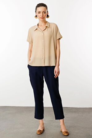 Kadın Krep Kumaş Simli Gömlek Vizon