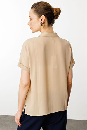 Kadın Krep Kumaş Simli Gömlek Vizon