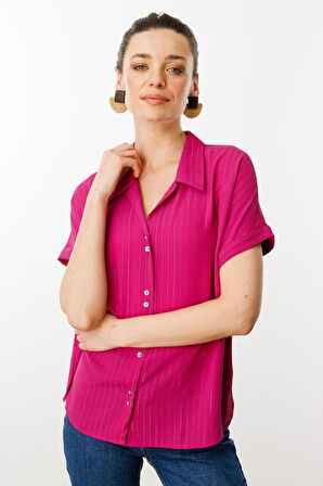 Kadın Krep Kumaş Simli Gömlek Fuşya