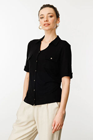 Kadın Göğsü Cepli Penye Gömlek Siyah