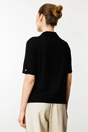 Kadın Göğsü Cepli Penye Gömlek Siyah