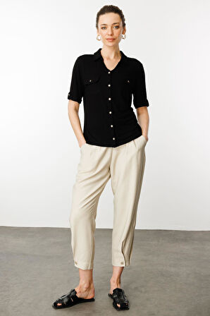 Kadın Göğsü Cepli Penye Gömlek Siyah