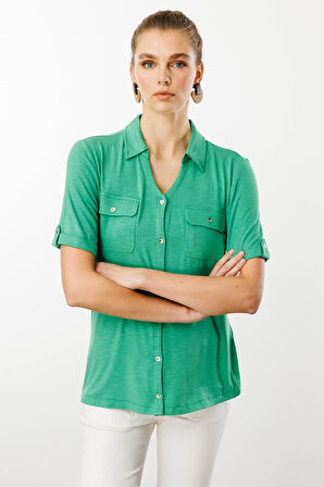 Kadın Göğsü Cepli Penye Gömlek Yeşil