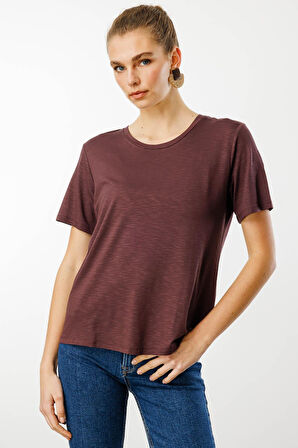 Kadın Sıfır Yaka Flamlı Kumaş Penye Tshirt Kahve