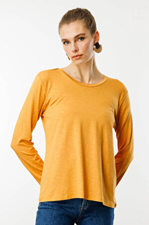 Kadın Sıfır Yaka Flamlı Kumaş Basic Penye Bluz Hardal
