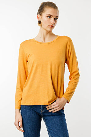 Kadın Sıfır Yaka Flamlı Kumaş Basic Penye Bluz Hardal