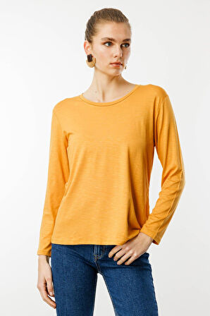 Kadın Sıfır Yaka Flamlı Kumaş Basic Penye Bluz Hardal