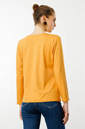Kadın Sıfır Yaka Flamlı Kumaş Basic Penye Bluz Hardal