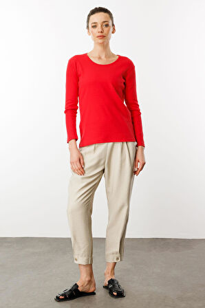 Kadın Sıfır Yaka Uzun Kol Basic Pamuklu Bluz Kırmızı