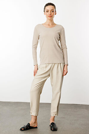 Kadın Sıfır Yaka Uzun Kol Basic Pamuklu Bluz Bej