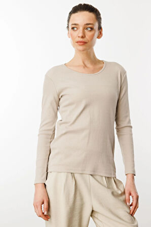 Kadın Sıfır Yaka Uzun Kol Basic Pamuklu Bluz Bej