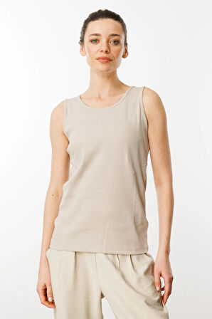 Kadın Sıfır Yaka Kaşkorse Pamuklu Askılı T-shirt Bej