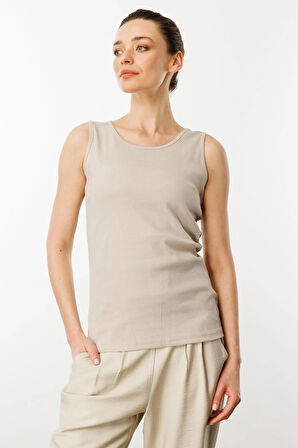 Kadın Sıfır Yaka Kaşkorse Pamuklu Askılı T-shirt Bej