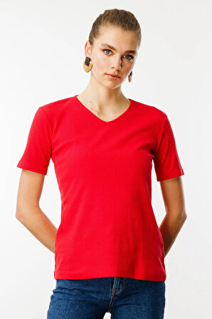 Kadın V Yaka Kaşkorse Pamuk T-shirt Kırmızı