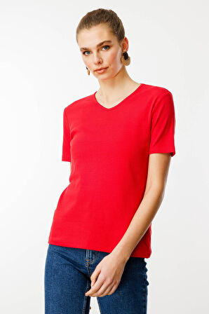 Kadın V Yaka Kaşkorse Pamuk T-shirt Kırmızı