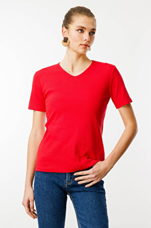 Kadın V Yaka Kaşkorse Pamuk T-shirt Kırmızı